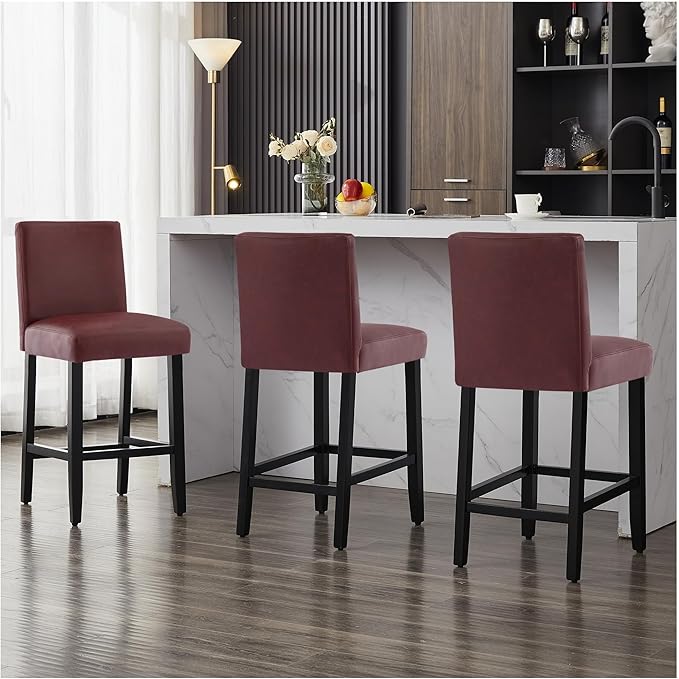 26'' Faux Leather Bar Stools Set of 3, Modern Upholstered Bar Chairs with Back, Soild Wood Legs Barstools for Kitchen Island, Red