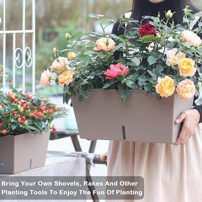 Window Box Planter 6 Pcs, 12.6 Inches Self Watering Rectangle Flower Plant Pots with Drainage Holes & Breathable Trays, Vegetable Planters for Windowsill Patio Garden Balcony Porch Yard (Khaki)