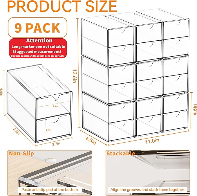 Yieach 9 Pack Small Acrylic Drawers With 18 Drawers,Clear Drawer Organizers Stackable,School,Office Supplies Organizer And Storage Bins for Stationery,Pen,Pencil,Craft,Glasses,Sunglass Organizer Case