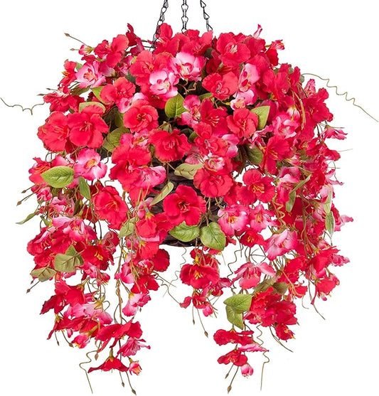 Artificial Fake Hanging Hibiscus Flower Baskets for Outdoor Decoration, Faux Silk Hibiscus Long Vines in Planter UV Resistant Realistic Flowers for Outside Porch Patio Home Decor, RedPink