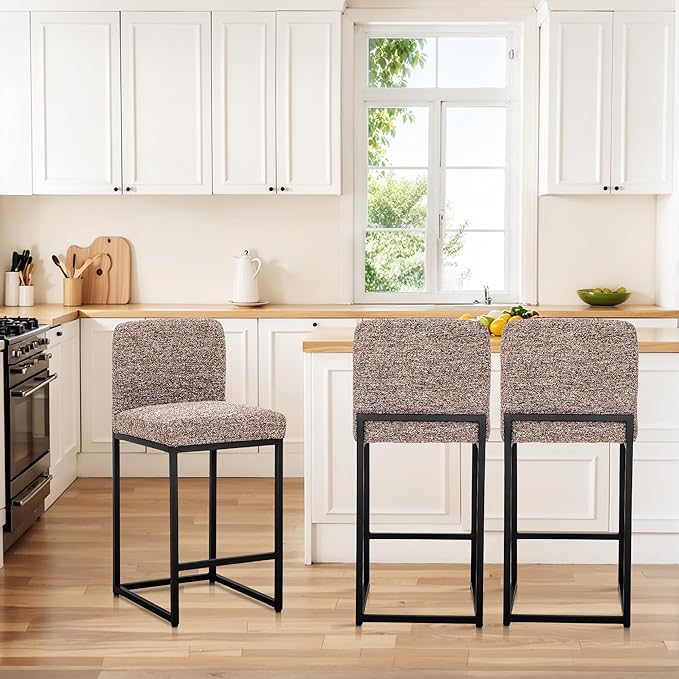 ALPHA HOME 24" Bar Stools Set of 2 Kitchen Counter Stools with Back, Counter Height Stools with Upholstered Footrest for Kitchen Island, Metal Steel Frame, Chenille, Brown