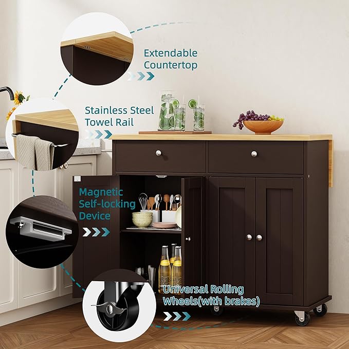 Shintenchi Kitchen Island with Drop Leaf, Rolling Kitchen Cart with Storage on Wheels, Table Bar Cart for Kitchen with Towel Rack & Seating Area for Dining Room, Brown