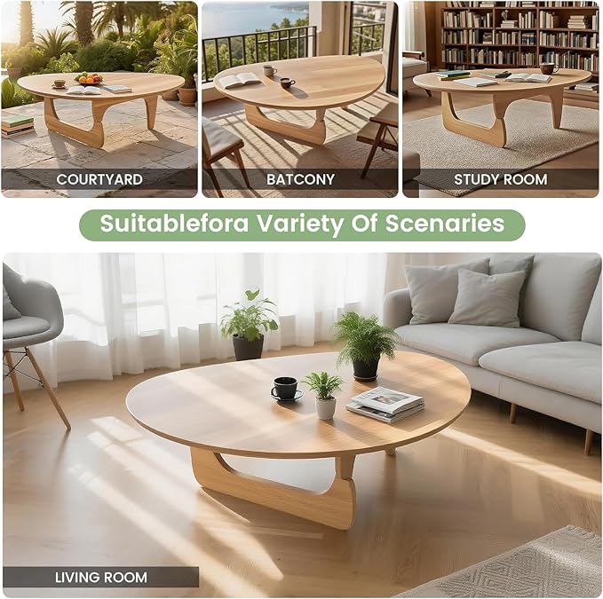 Solid Wooden Modern Triangle Coffee Table: Unique Funky Coffee Tables for Living Room, Oval Mid-Century Irregular Abstract Tea Tables for Patio Office Balcony Bedroom (Natural, 35" L x 24" W x 16" H)