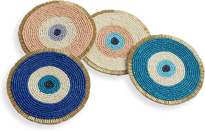 Folkulture Beaded Coasters for Drinks | Set of 4 (4") Round Decorative Bar Coasters for Table Décorations | Cute Boho Coaster Set for Cocktail | Modern Coaster for Coffee Table | Evil Eye Gifts|
