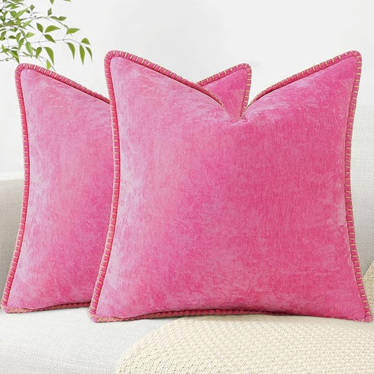 decorUhome Chenille Soft Throw Pillow Covers 20x20 Set of 2, Farmhouse Velvet Neutral Decorative Euro Pillow Covers with Stitched Edge for Couch Sofa Bed Home Decor, Hot Pink