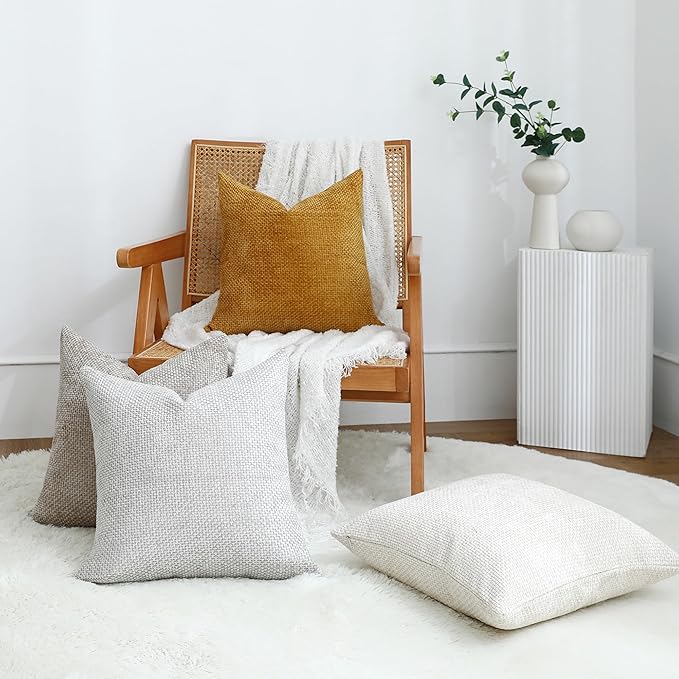 Stellhome 4 Packs Neutral Decorative Throw Pillow Covers Soft Chenille Woven Textured Accent Cushion Cases for Living Room Couch Bed Sofa Farmhouse Boho Home, 18x18 inch, Neutral Mustard Yellow