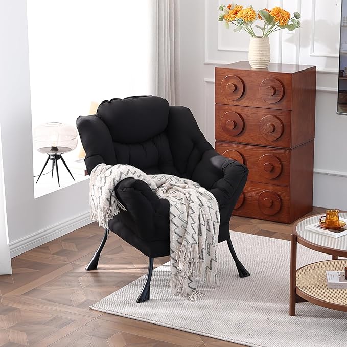Welnow Lazy Chair for Living Room, Modern Reading Lounge Accent Chair with Armrests and a Side Pocket, Leisure Upholstered Lazy Sofa for Small Space, Bedroom, Dorm, Black