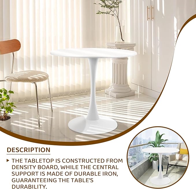 Round White Dining Table Modern Kitchen Table with Pedestal Base in Tulip Design, Mid-Century Leisure Table for 2 to 4 Person