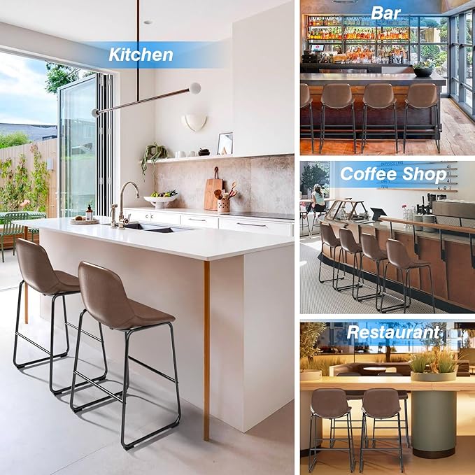 Rfiver Pu Faux Leather Bar Stools Set of 4, Industrial Pub Barstools with Back and Footrest, Modern Armless Bar Height Stool Chairs (Brown, 30" Barstool x4)