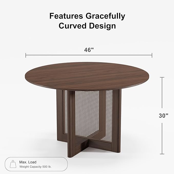 Casaphoria 46" Round Dining Table, Modern Kitchen Table for 4-6, Scratch-Resistant Top & Rattan Base, Farmhouse Dinner Table for Living Room, Kitchen, Bar, Easy Assembly, Walnut