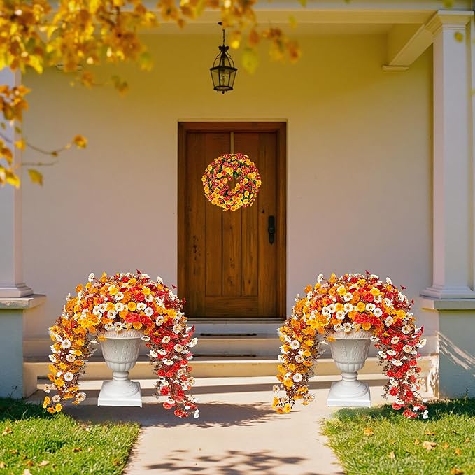 8PCS Artificial Fall Hanging Flowers for Outdoor, Fake Silk Petunias Plants, Fake Mums, Fall Outdoor Decoration, UV Resistant, Morning Glorias, for Home Garden Porch Decor (Early Harvest)