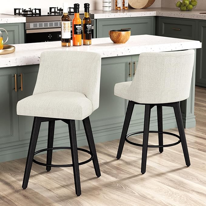 Counter Height Bar Stools Set of 3, Modern Swivel Barstools with Back and Wood Legs, Linen Fabric Upholstered Bar Chairs, 26" H Kitchen Counter Stools, Kitchen Island Home Bar, Ivory