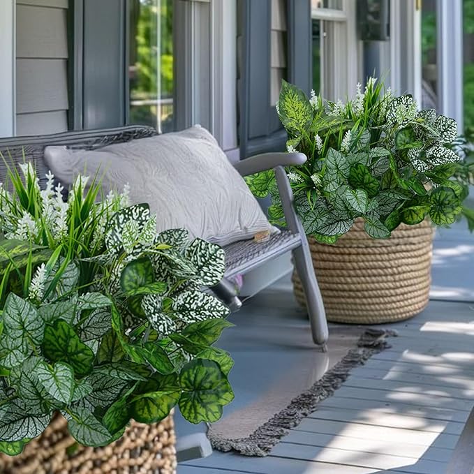 16Pack Artificial Plants Outdoor UV Resistant Faux Greenery Stems Shrubs with 7 Kinds of Fake Plastic Plant and Hanging Eucalyptus Plants Bushes Green Boxwood for Indoor Garden Patios Porches Decor