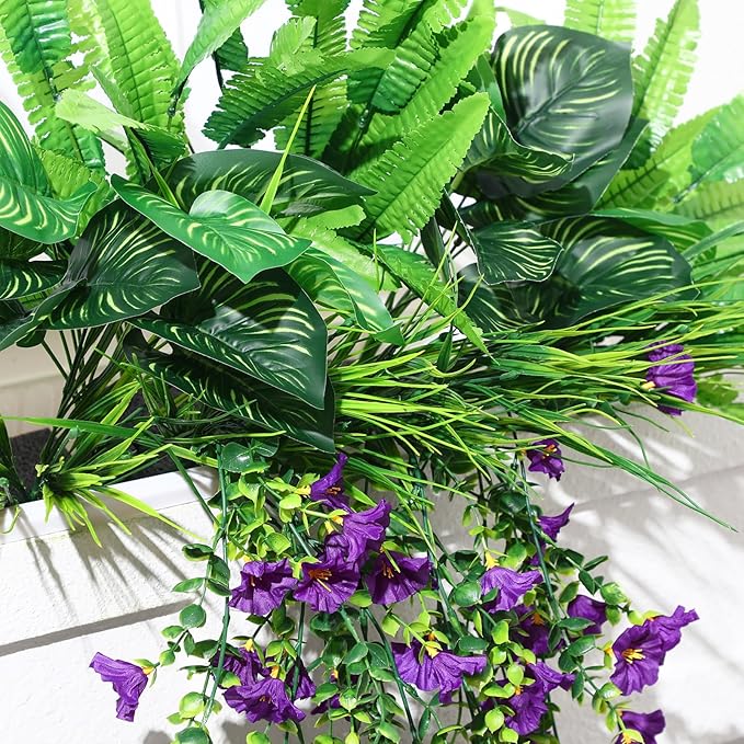 12 Pcs Artificial Greenery for Outdoor UV Resistant Fake Flowers and Greeneries Plastic Hanging Plants for Window Box Spring Summer Garden Patio Porch Yard Decoration(Classic Color)