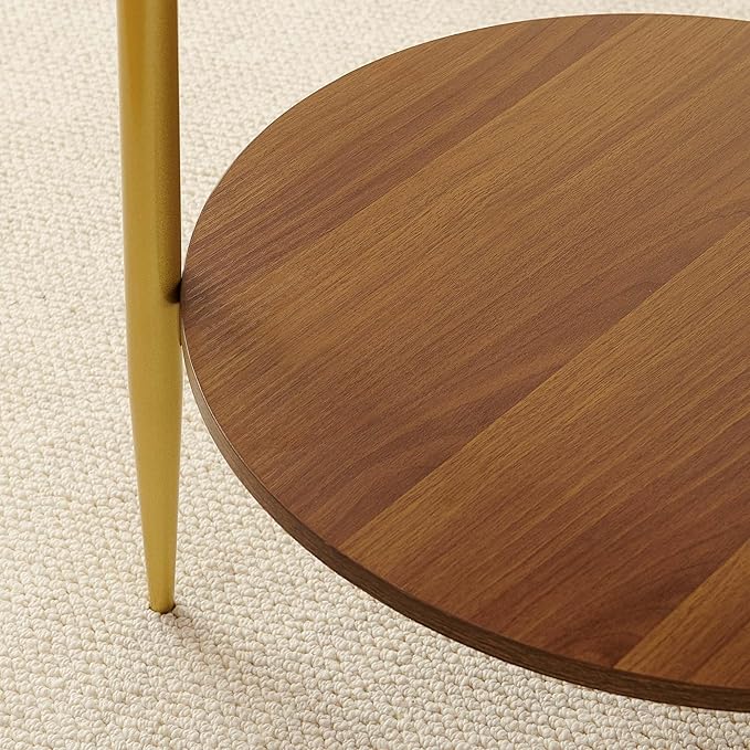 Round End Table, Mid-Century Modern Design, D20*H23 inch, for Living Room, 2-Tier Structure, Amber Glass Top and Walnut MDF Shelf, Sleek Conical Metal Legs with Gold Finish