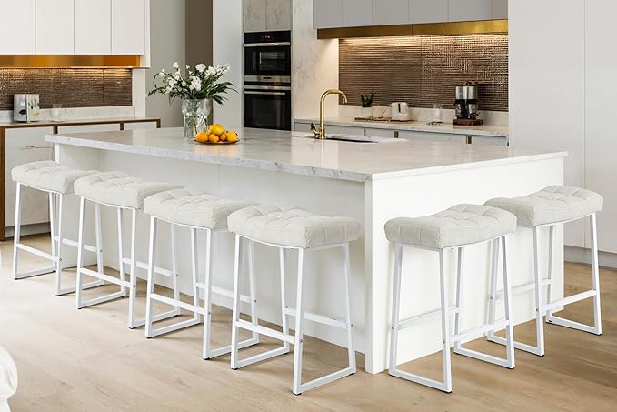 White & Beige Counter Height Bar Stools Set of 6 for Kitchen Counter Modern Backless Barstools with Upholstered Faux Leather Seat and Metal Frame Industrial 24 inch Bar Chairs