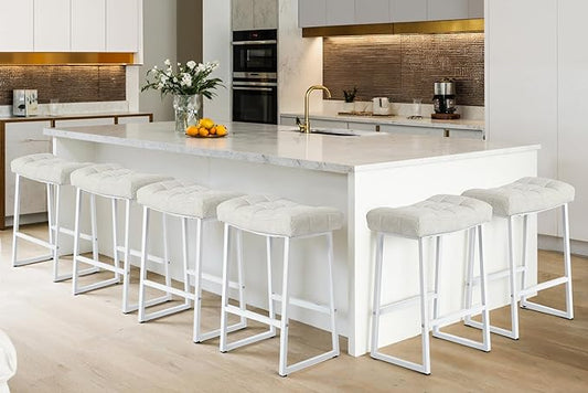 White & Beige Counter Height Bar Stools Set of 6 for Kitchen Counter Modern Backless Barstools with Upholstered Faux Leather Seat and Metal Frame Industrial 24 inch Bar Chairs