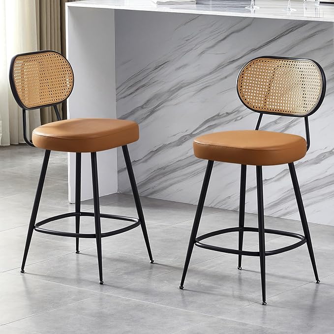 26" Rattan Barstools Set of 2, Counter Height Bar Chair with Black Metal Legs, Modern Armless PU Leather Pub Chair,Adjustable Feetpads Stools for Home Counter,Kitchen Dining Island,Cafe(WBR)