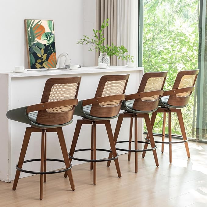 Counter Stools Set of 4 - 26.4 inch Counter Height Swivel Bar Stools with Cane Back, Curved Arms, Faux Leather Upholstered Seat, Counter Chairs for Island/Pub/Kitchen/Cafe (26" Seat Height, Green)