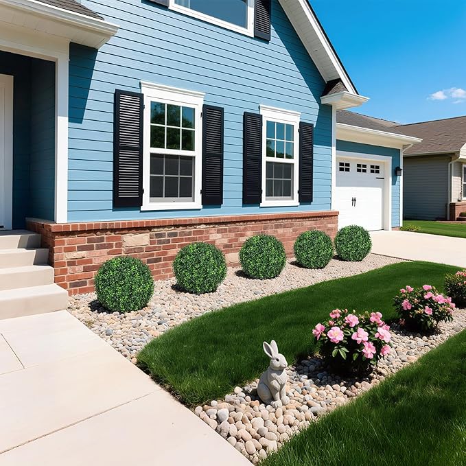 25.6'' Fake Plant Home Decor, UV Resistant Artificial Outdoor Topiary Ball Tree, Lifelike Outdoor Faux Plants with Spike, Easy to Install Boxwood Balls Fake Tree, Set of 4