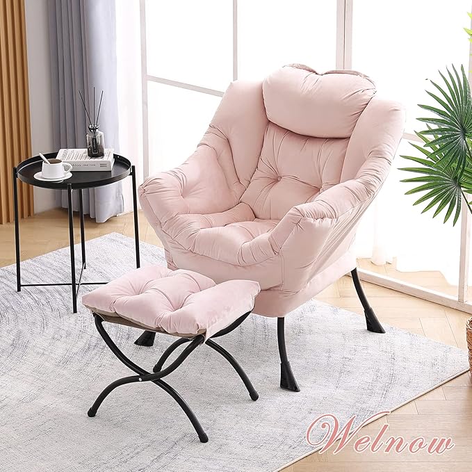 Welnow Lazy Chair with Ottoman, Modern Lounge Accent Chair with Armrests and a Side Pocket, Leisure Sofa Armchair, Reading Armchair with Footrest for Small Space, Pink