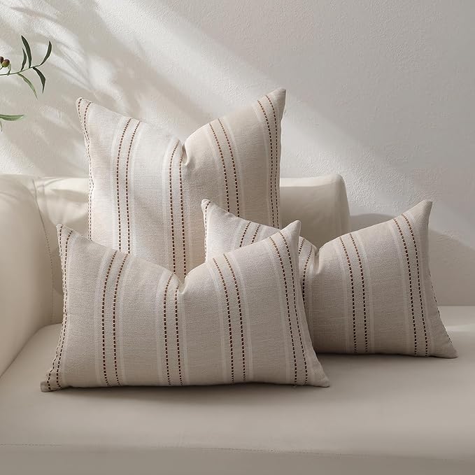 Hckot Fall Throw Pillow Covers 24x24 Set of 2 Striped Rust Pillow Covers Textured Linen Decorative Pillows Square Cushion Covers for Sofa Couch Bed Living Room Farmhouse Decor