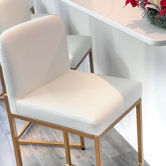 ALPHA HOME 24” Bar Stools Set of 1 Counter Height Bar Stool Pu Leather Kitchen Modern Bar Stools with Backrest Upholstered Footrest Sturdy Chromed Metal Steel Frame, Off-White