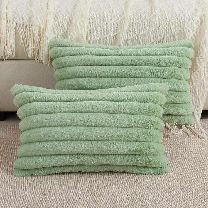 FUTEI Sage Green Striped Decorative Throw Pillow Covers 12x20 Inch Set of 2,Rectangle Fall Decorations Couch Lumbar Pillowcase,Soft Cozy Faux Rabbit Fur & Velvet Back,Modern Home Decor for Bed