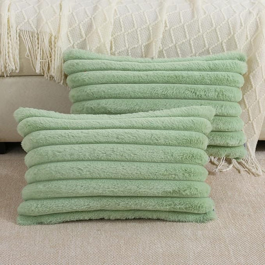 FUTEI Sage Green Striped Decorative Throw Pillow Covers 12x20 Inch Set of 2,Rectangle Fall Decorations Couch Lumbar Pillowcase,Soft Cozy Faux Rabbit Fur & Velvet Back,Modern Home Decor for Bed