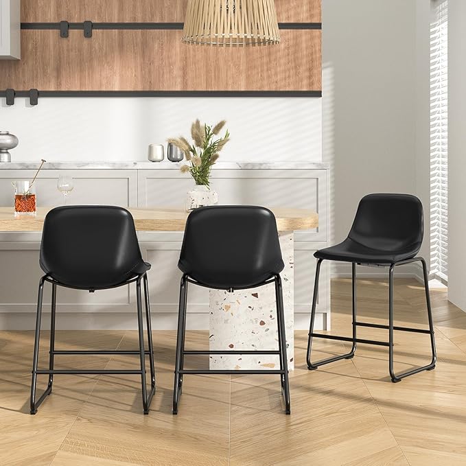 Rfiver Pu Faux Leather Bar Stools Set of 3, Industrial Pub Barstools with Back and Footrest, Modern Armless Bar Height Stool Chairs (Black, 24" Counter Chair x3)