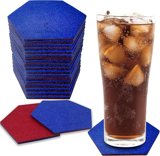 A&A Wonders Premium Felt Coasters for Drink, Two-Tone Reversible, Absorbent Felt Protects Furniture, Table, Anti Slip, Suitable for Drinks & All Table Types (Wine Red/Royal Blue, Hexagon 18 Pack)