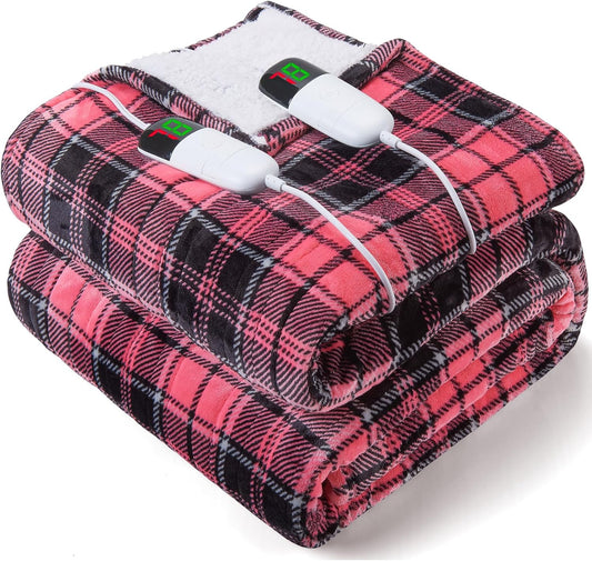 Pink Heated Blanket Electric, Queen Size 84X90, 10 Heat Levels/8 Hours Auto Off/Dual Control for Bed, Blue Plaid Checkered Sherpa Blanket Warmer for Adult, Washable Gift, ETL