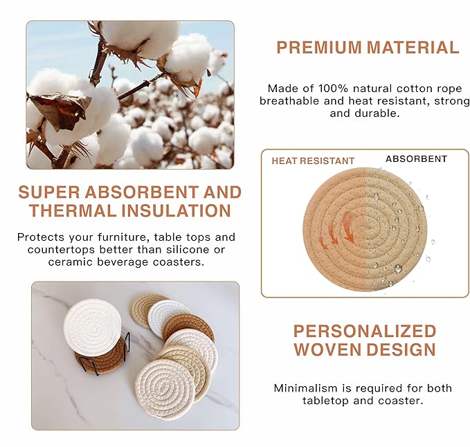 8 Pcs Drink Coasters with Holder, Coasters for Coffee Table, Absorbent Coaster Set for Living Room Decor Tabletop Protection, Coaster Set 4 - Color Cup (Brown Mix)