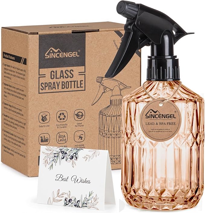 Glass Plant Spray Bottle, 13.5 oz small plant mister, Leak Proof Fine Mist Watering can with Adjustable Nozzle for Indoor Plants Lover, Gardening, Hair, Cleaning Solutions (Orange)