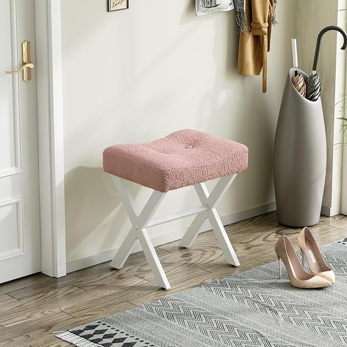 18-Inch Vanity Stool Chair, Vanity Bench with Metal X-Legs, Ottoman Accent Stool with Breathable and Soft Boucle Fabric Saddle Seat, Pink