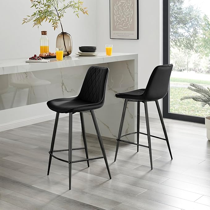 Bar Stool Chair - Pesaro Black Velvet Upholstered Dining Chair Black Metal Legs - Modern Style Diamond Quilted Stitching to Back - Contemporary Dining Kitchen Furniture