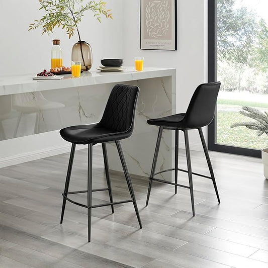 Bar Stool Chair - Pesaro Black Velvet Upholstered Dining Chair Black Metal Legs - Modern Style Diamond Quilted Stitching to Back - Contemporary Dining Kitchen Furniture