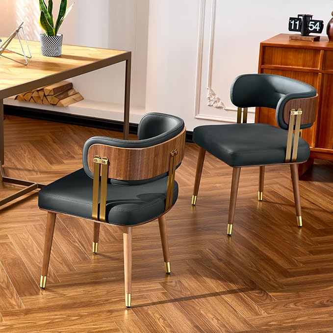 Modern Mid-Century Upholstered Leather Dining Chairs Set of 2 with Thick High-Resilience Foam, Walnut Wood Veneer,Dining Chairs with Anti-Slip Pads,Navy Blue