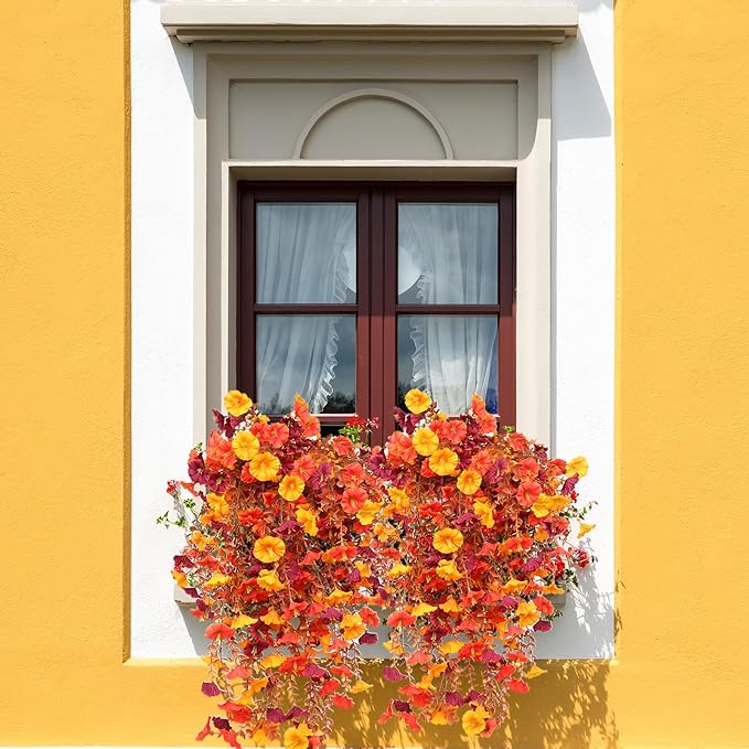 Artificial Hanging Flowers for Outdoors, 4 pcs Faux Mums for Outdoor Planters, UV Resistant Morning Glory Fake Mums for Yard Patio Lawn Garden, Real Touch Silk Flowers Fall Porch Decor