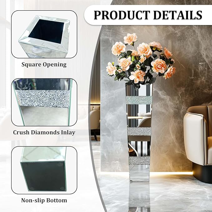 Crushed Diamond Mirror Vase: 28.15 inches High Silver Crystal Geometric Bling Decor for Luxury Home Centerpieces Livingroom Wedding Decor, Won't Hold Water