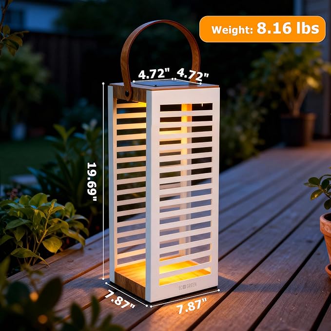 Solar Lantern with Handle - Outdoor Metal Solar Light (7.87×19.69"), Waterproof & Rustproof, 8H Auto-On Warm White Light, Portable for Patio, Porch, Balcony & Garden Decor (White - 1 Pack)
