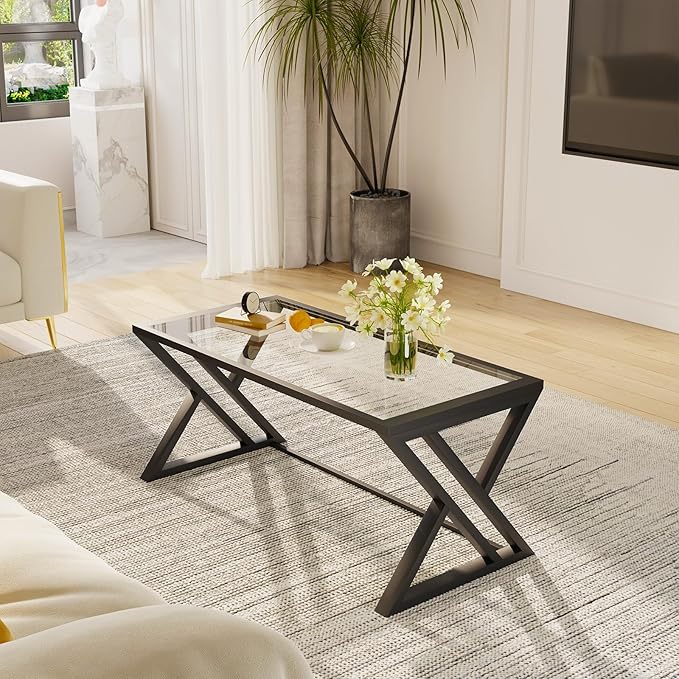 Coffee Table Black Glass Coffee Table for Living Room,Modern Rectangular Center Table with Sturdy Metal Frame,Tempered Glass Table Tea Tables for Bedroom Home Office