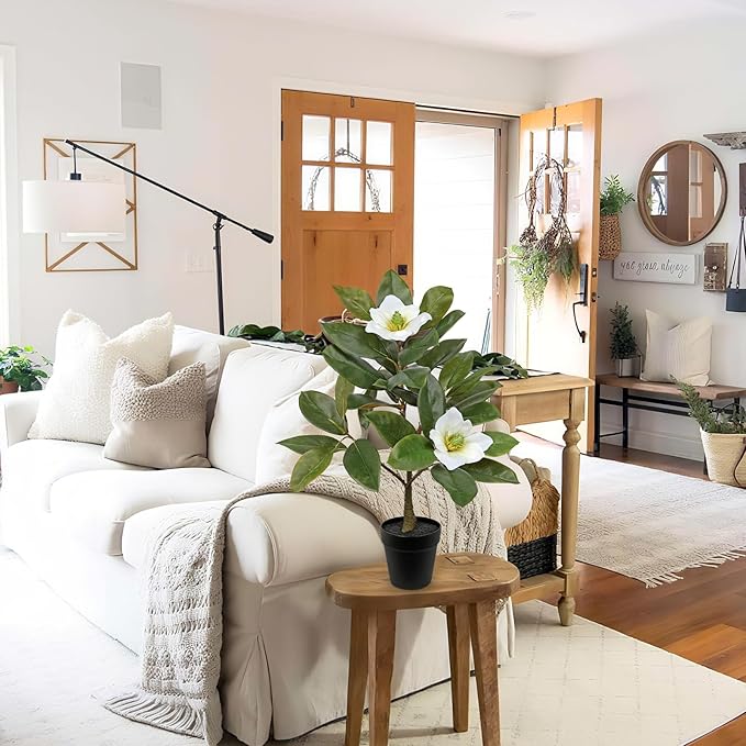 Briful Artificial Magnolia Flower Tree in Black Pot – 26.3in Tall Faux Magnolia Plant with Realistic White Blooms Fake Potted Silk Floral Tree for Home Office Room Kitchen Outdoor Porch Décor