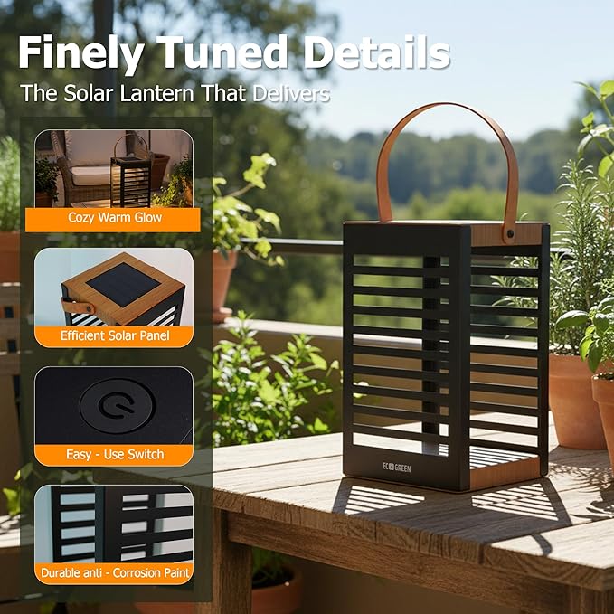 Solar Lantern with Handle - Outdoor Solar Light (7.87×13.78"), Waterproof & Corrosion Resistant, 8H Auto-On Warm White Light for Garden, Patio, Balcony & Porch Decor (Single Pack, Black)