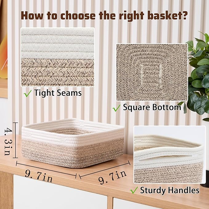 Small Square Shallow Baskets for Organizing, 9.7x9.7x4.3 Inch Rope Woven Storage Bins for Cubes Closet, Shelves Storage, Boho Decorative Basket, 2 Packs Gradient Brown