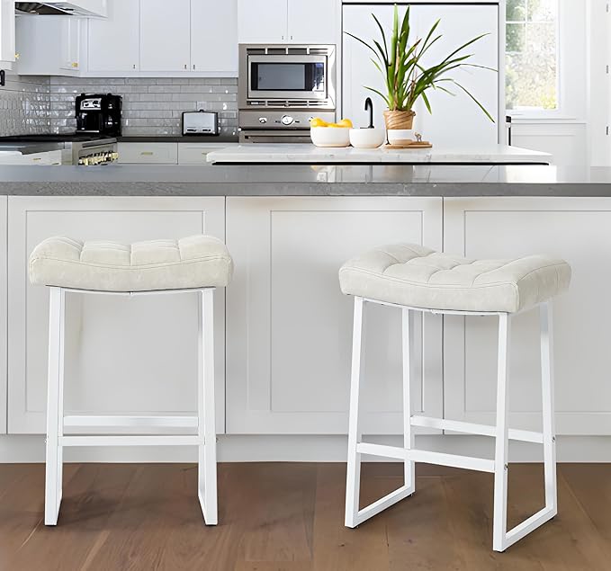White & Beige Counter Height Bar Stools Set of 2 for Kitchen Counter Modern Backless Barstools with Upholstered Faux Leather Seat and Metal Frame Industrial 24 inch Bar Chairs