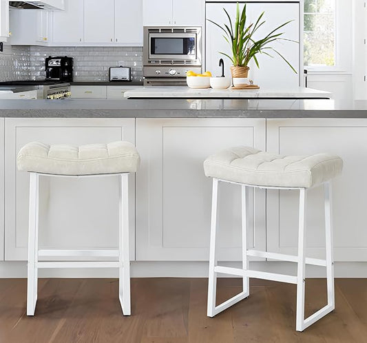 White & Beige Counter Height Bar Stools Set of 2 for Kitchen Counter Modern Backless Barstools with Upholstered Faux Leather Seat and Metal Frame Industrial 24 inch Bar Chairs