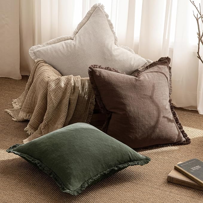 MIULEE Decorative Throw Pillow Covers Neutral Fringe Throw Pillows Set of 2 Rifle Green Boho Farmhouse Cushion Covers with Tassels for Couch Sofa Bed Living Room Spring Home Decor 20x20 Inch