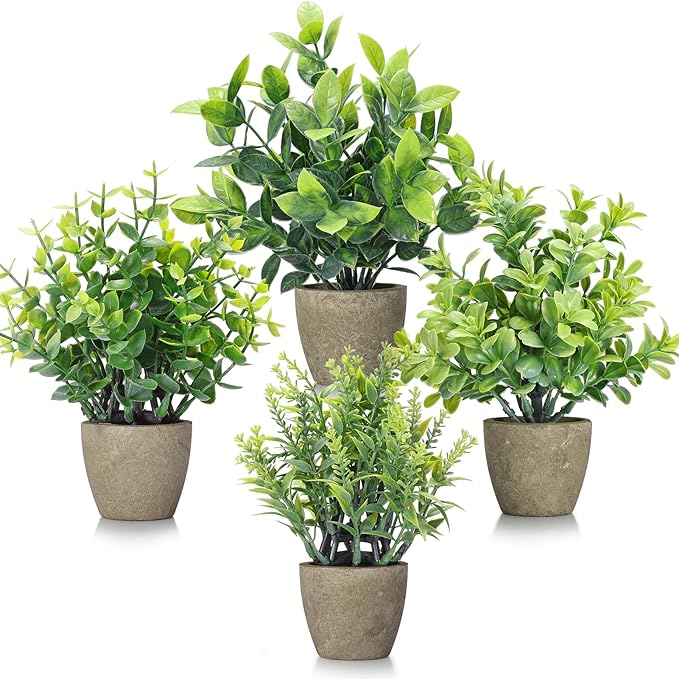 4 Pack Fake Plants Ceramic Mini Artificial Greenery Potted Plants for Home Decor Office Decor Room Decor Farmhouse Decor Indoor Table Bathroom Decor