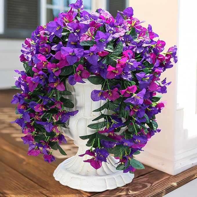 Bougainvillea Artificial Hanging Flowers Plants for Outdoors Decoration, 2pcs Fake Flowers Silk Bougainvillea Vines Realistic UV Resistant Faux Flowers for Outdoor Planters Porch Patio, Mix